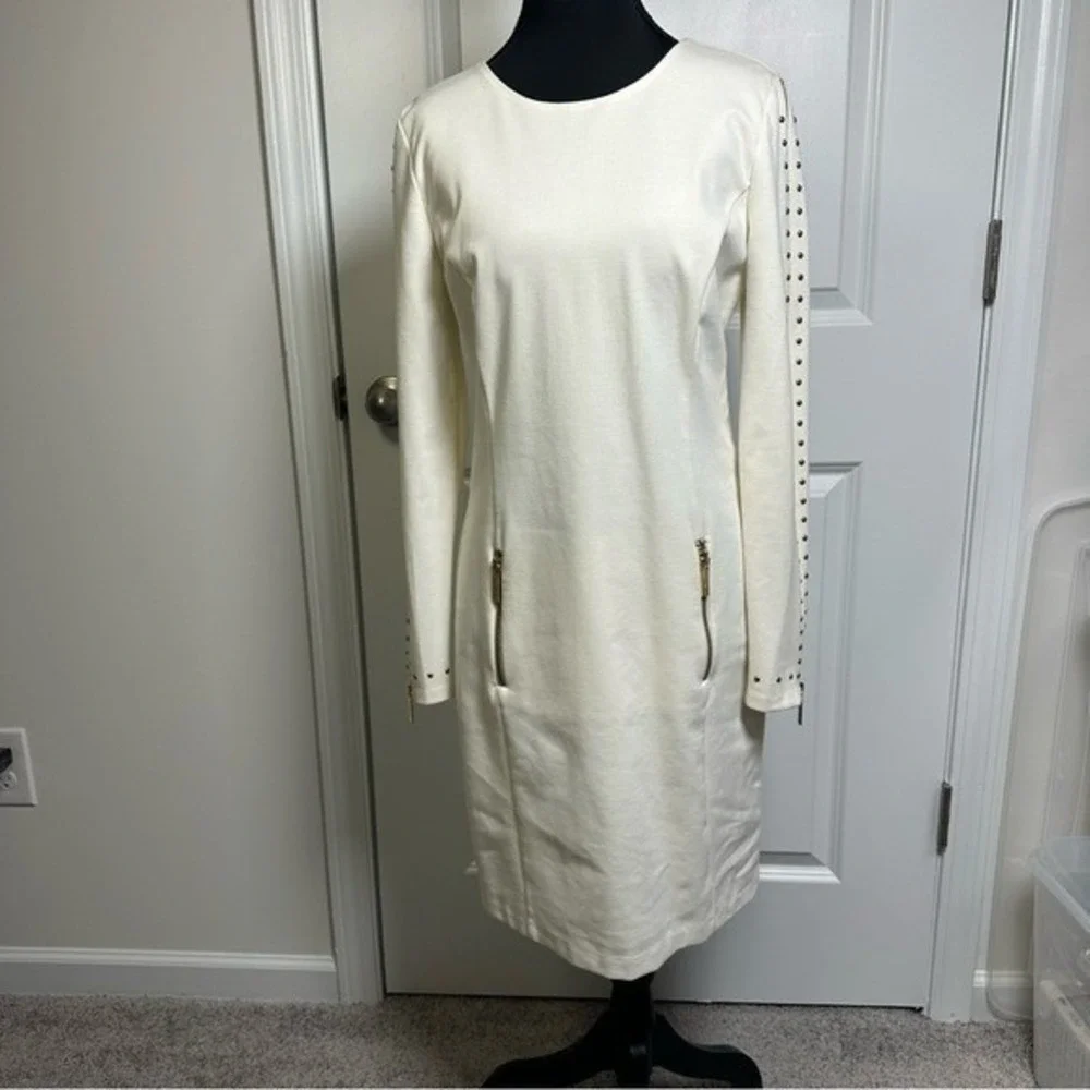Michael‎ Kors Off White Studded Long Sleeve Zipper Sheath Dress Gold Hardware